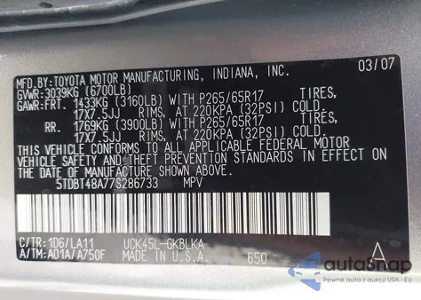 2007 Toyota Sequoia Limited V8 from USA, damaged, VIN 5TDBT48A77S286733